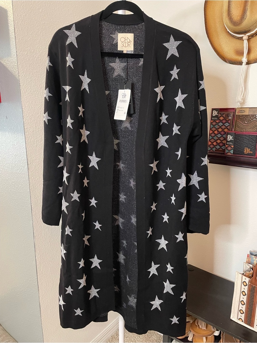 Chaser Black & Silver Star  Long Open Cardigan